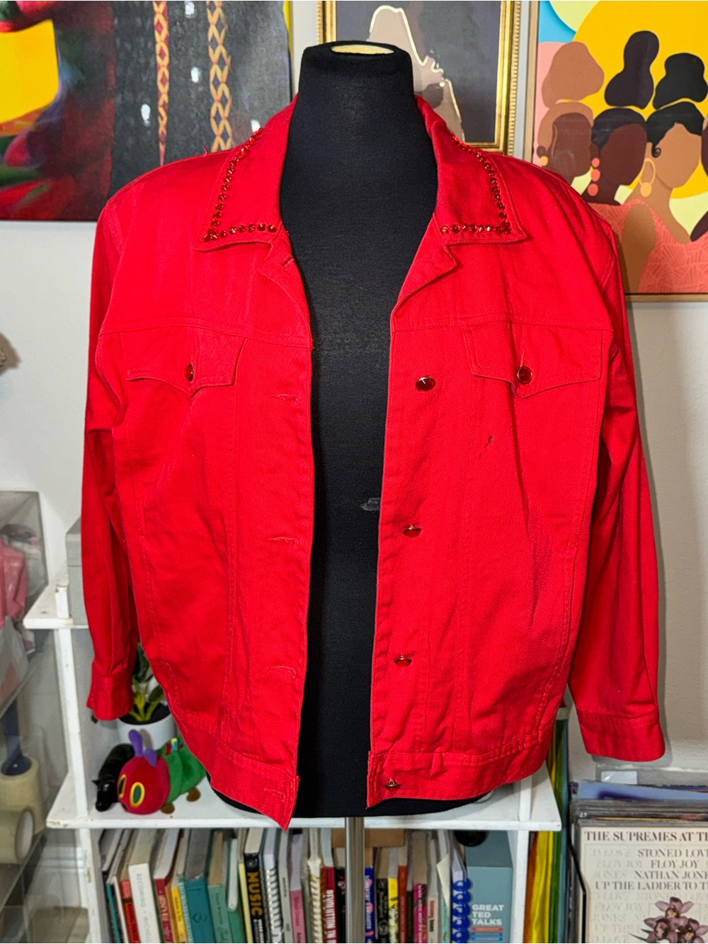 Vintage I.B. Diffusion Red Stud-Trim Jean Jacket